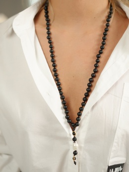 Długi naszyjnik z kamieni naturalnych czarny kwarc i perła - Lagio - NADI