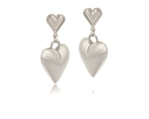 Kolczyki duże pękate srebrne serduszka, wiszące na mniejszych serduszkach (P24/WIO/33AU)