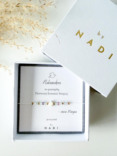 Bransoletka komunijna dla dziewczynki z dedykacją – Happy | by NADI